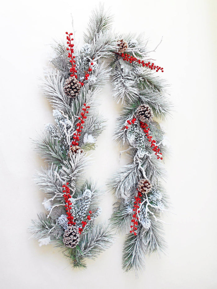 ES Essentials - Flocked Christmas Mixed Garland with Red Berries Pinecones